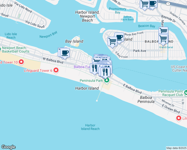 map of restaurants, bars, coffee shops, grocery stores, and more near 506 East Oceanfront in Newport Beach