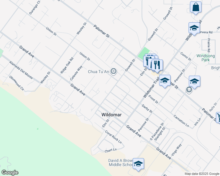 map of restaurants, bars, coffee shops, grocery stores, and more near Gruwell Street in Wildomar