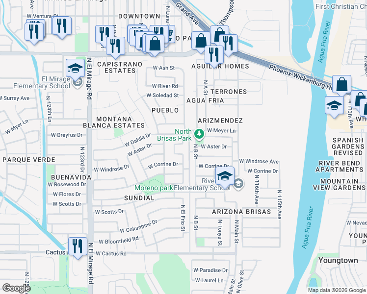 map of restaurants, bars, coffee shops, grocery stores, and more near 11909 West Aster Drive in El Mirage
