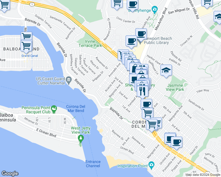 map of restaurants, bars, coffee shops, grocery stores, and more near 432 Acacia Avenue in Newport Beach