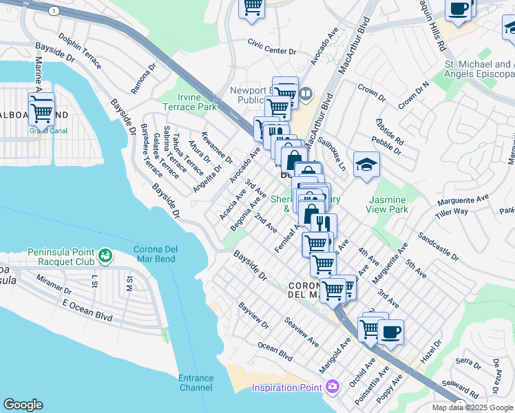 map of restaurants, bars, coffee shops, grocery stores, and more near 506 Begonia Avenue in Newport Beach
