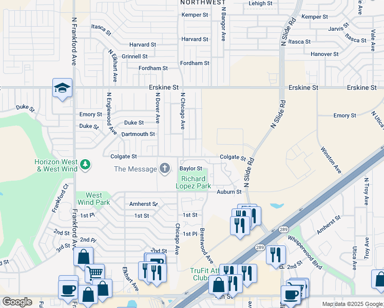 map of restaurants, bars, coffee shops, grocery stores, and more near 5202 Auburn Street in Lubbock