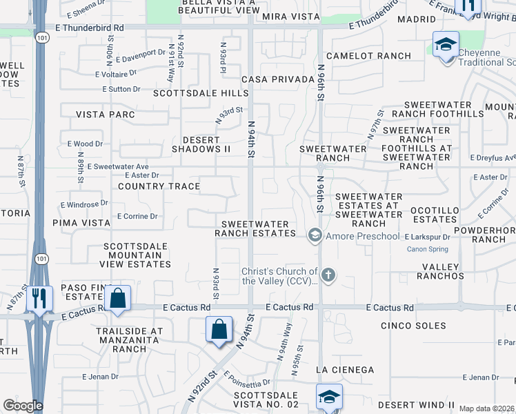 map of restaurants, bars, coffee shops, grocery stores, and more near 9440 East Desert Trail in Scottsdale