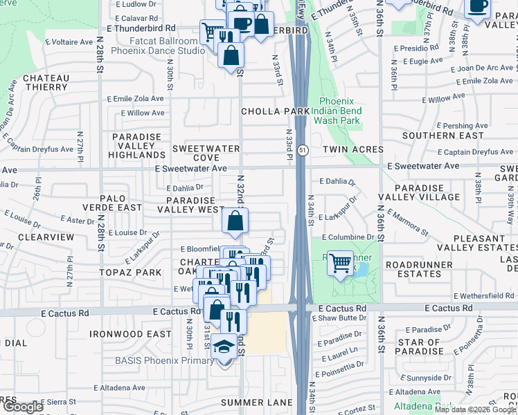 map of restaurants, bars, coffee shops, grocery stores, and more near 3209 East Corrine Drive in Phoenix