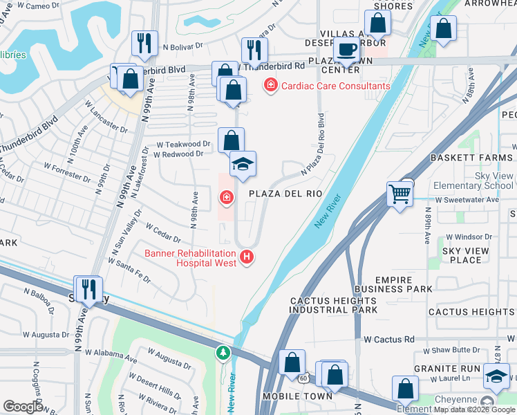 map of restaurants, bars, coffee shops, grocery stores, and more near 12847 North 93rd Drive in Peoria