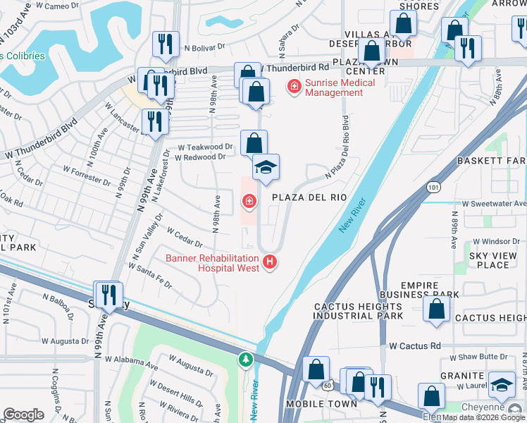 map of restaurants, bars, coffee shops, grocery stores, and more near 12800 North 94th Drive in Peoria