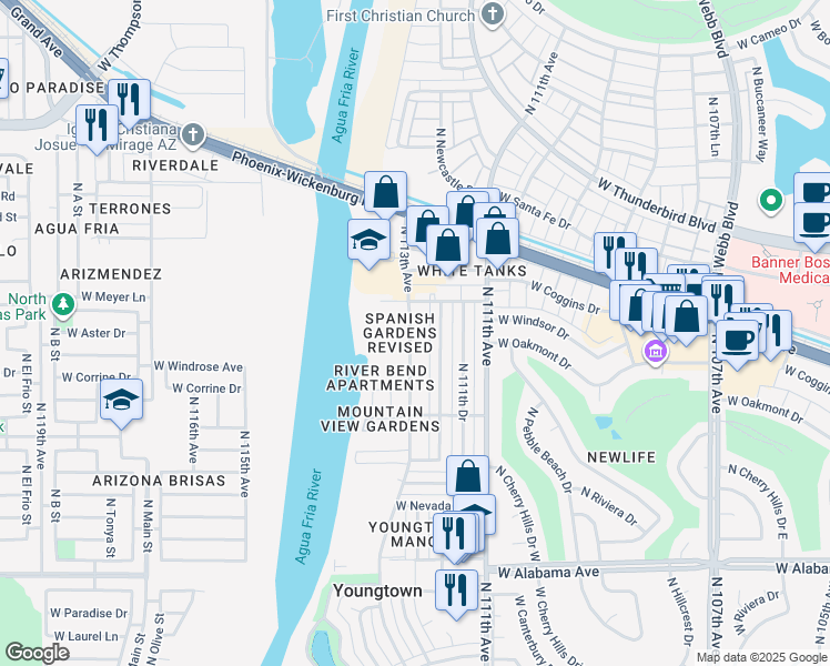 map of restaurants, bars, coffee shops, grocery stores, and more near 12828 North 113th Avenue in Youngtown