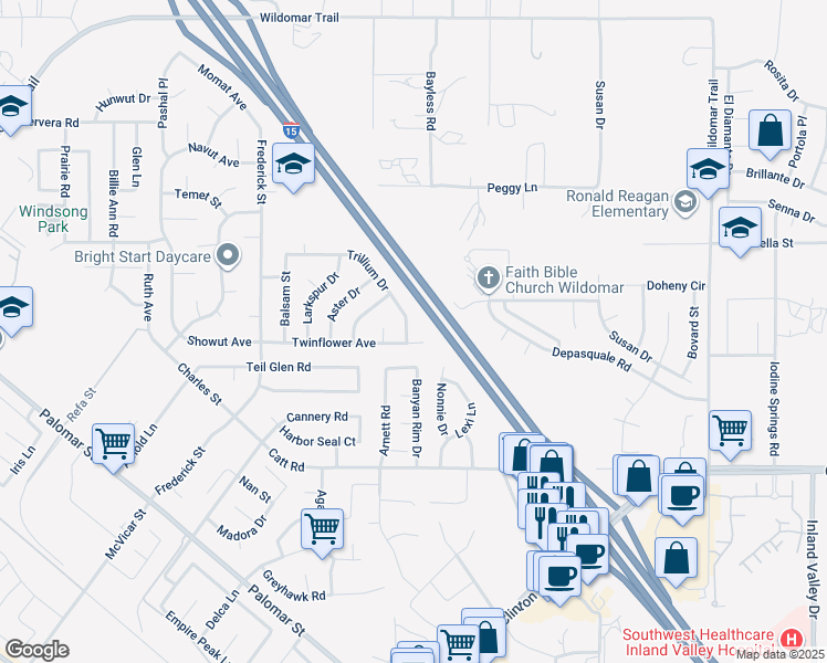 map of restaurants, bars, coffee shops, grocery stores, and more near 23325 Twinflower Avenue in Wildomar