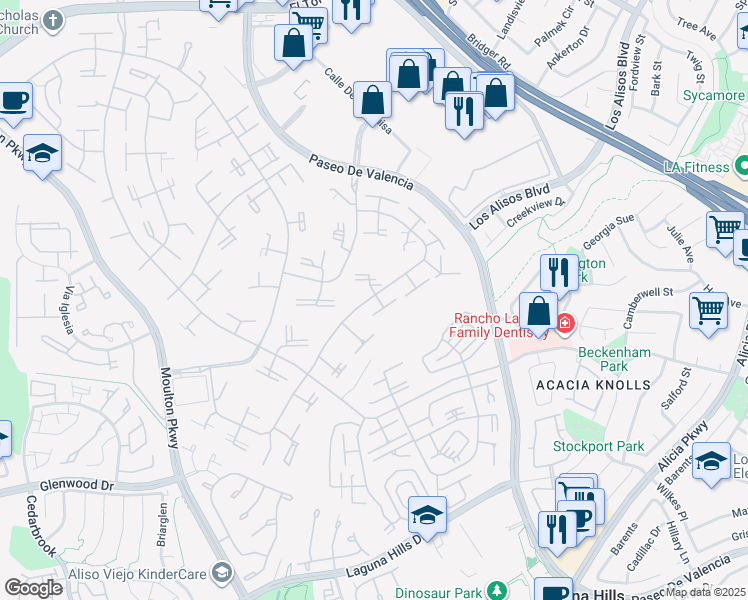 map of restaurants, bars, coffee shops, grocery stores, and more near 575 Avenida Majorca in Laguna Woods