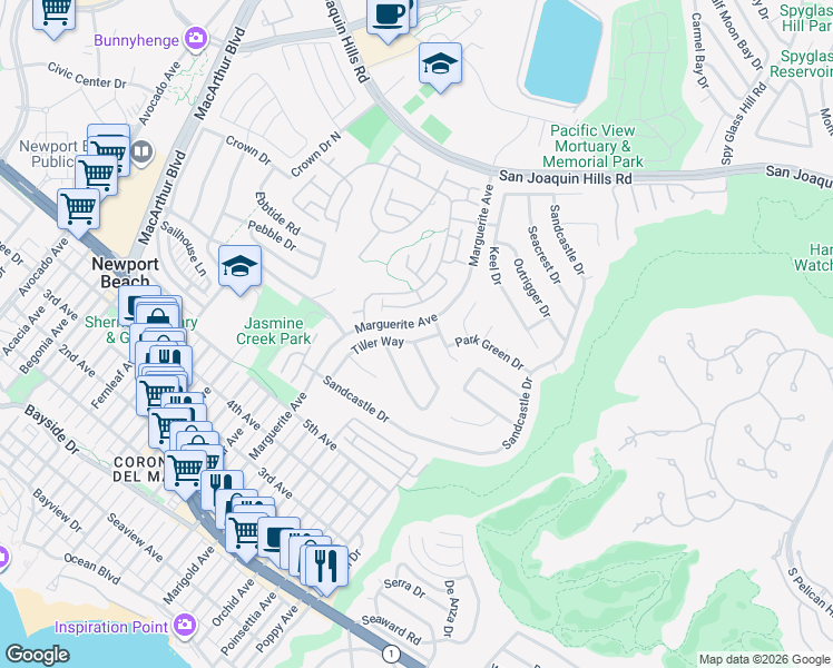 map of restaurants, bars, coffee shops, grocery stores, and more near 3507 Surfview Lane in Newport Beach