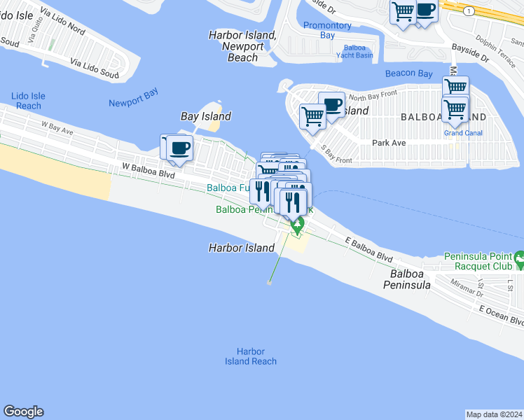 map of restaurants, bars, coffee shops, grocery stores, and more near 605 East Balboa Boulevard in Newport Beach