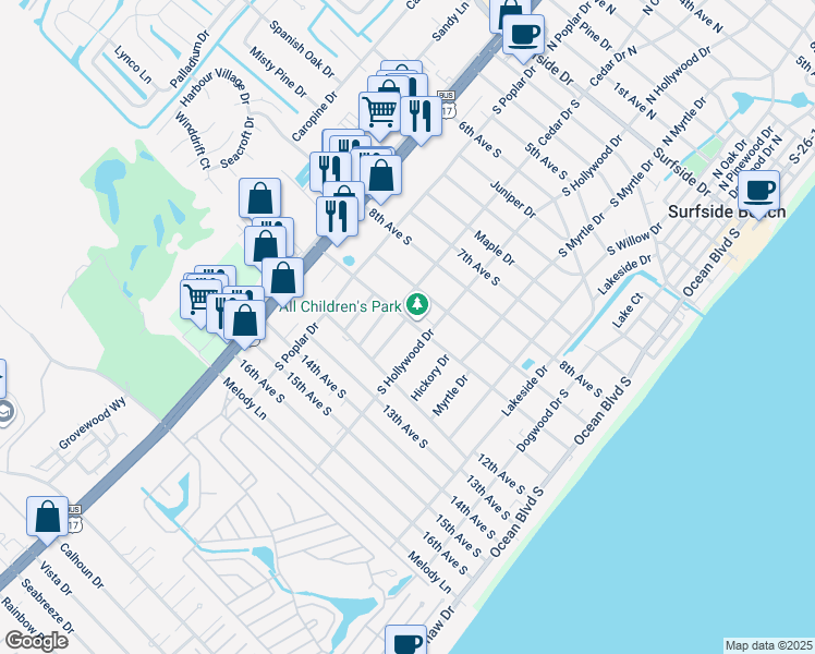 map of restaurants, bars, coffee shops, grocery stores, and more near 1014 South Hollywood Drive in Myrtle Beach