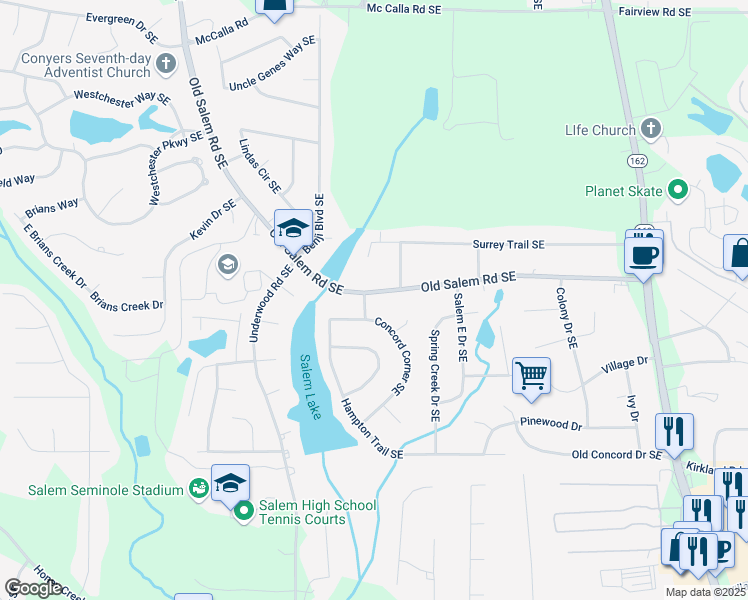 map of restaurants, bars, coffee shops, grocery stores, and more near 3284 Salem Lane Southeast in Conyers