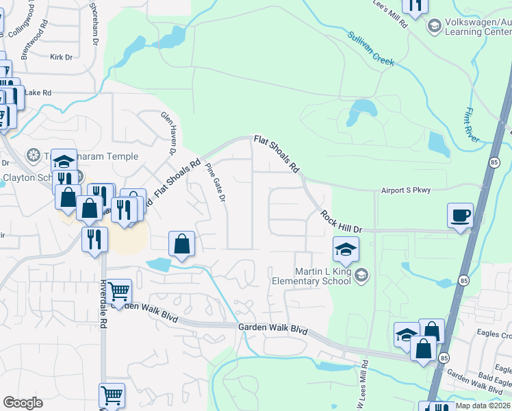 map of restaurants, bars, coffee shops, grocery stores, and more near 5599 Windwood Road in Atlanta
