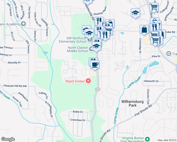 map of restaurants, bars, coffee shops, grocery stores, and more near 1695 Broad River Road in Atlanta