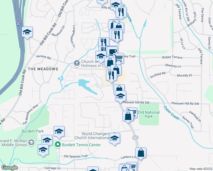 map of restaurants, bars, coffee shops, grocery stores, and more near 5665 Old National Highway in Atlanta