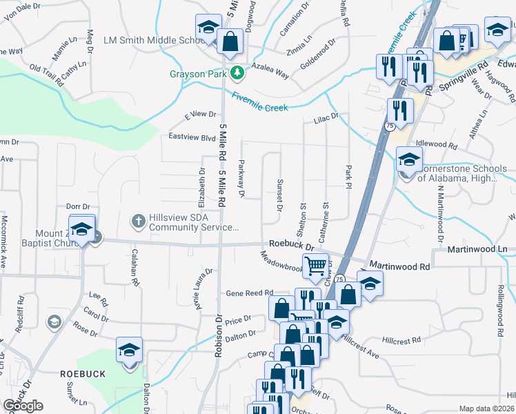 map of restaurants, bars, coffee shops, grocery stores, and more near 816 Meadowbrook Drive in Birmingham