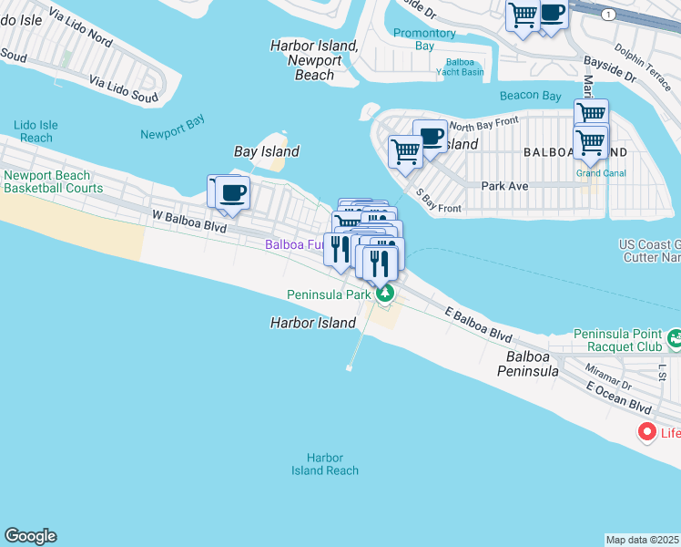 map of restaurants, bars, coffee shops, grocery stores, and more near 506 East Oceanfront in Newport Beach