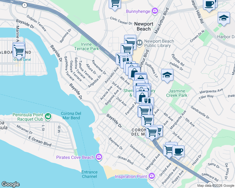 map of restaurants, bars, coffee shops, grocery stores, and more near 506 Begonia Avenue in Newport Beach