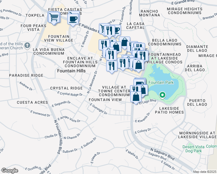 map of restaurants, bars, coffee shops, grocery stores, and more near 16800 E El Lago Dr in Fountain Hills
