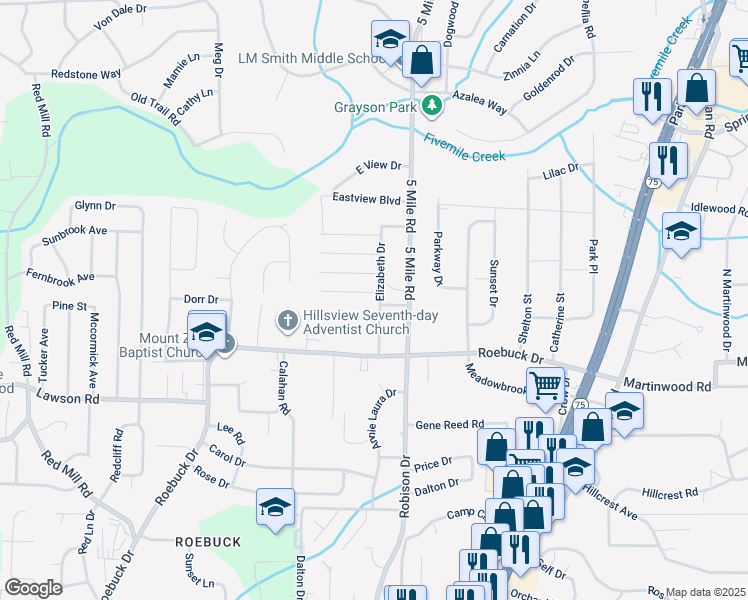 map of restaurants, bars, coffee shops, grocery stores, and more near 829 Elizabeth Drive in Birmingham