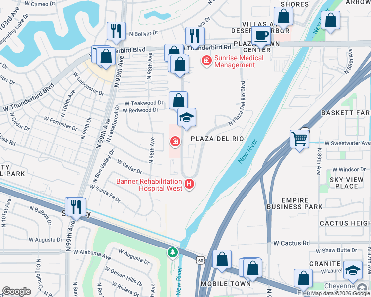 map of restaurants, bars, coffee shops, grocery stores, and more near 12800 North 94th Drive in Peoria