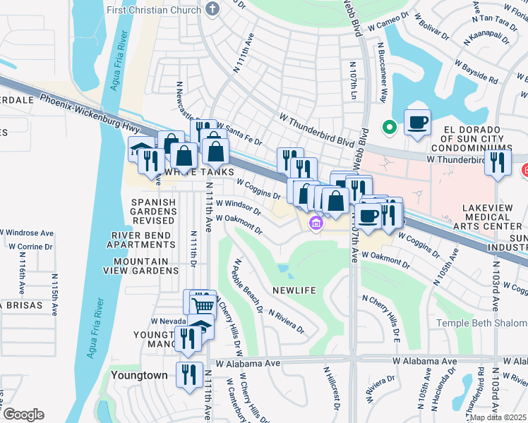 map of restaurants, bars, coffee shops, grocery stores, and more near 10950 West Oakmont Drive in Sun City