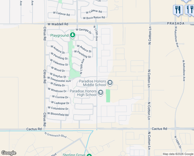 map of restaurants, bars, coffee shops, grocery stores, and more near 12921 North 175th Drive in Surprise