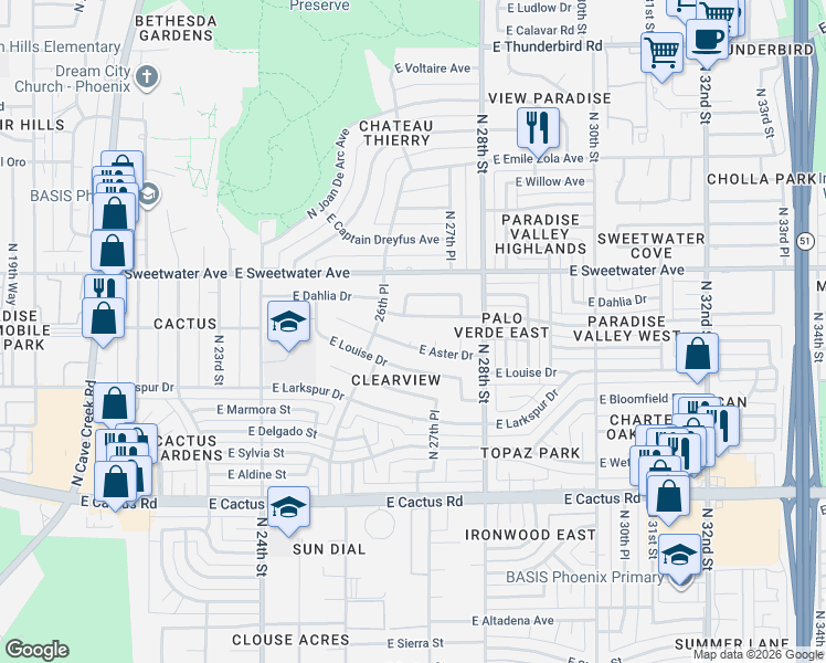 map of restaurants, bars, coffee shops, grocery stores, and more near 2711 East Aster Drive in Phoenix
