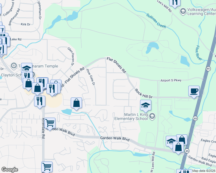 map of restaurants, bars, coffee shops, grocery stores, and more near 5599 Windwood Road in Atlanta