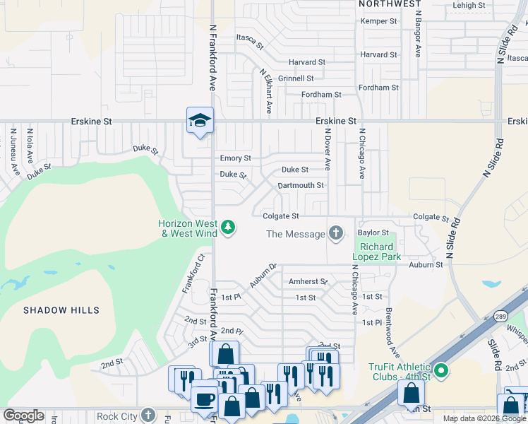 map of restaurants, bars, coffee shops, grocery stores, and more near 5710 Colgate Street in Lubbock