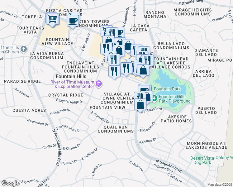 map of restaurants, bars, coffee shops, grocery stores, and more near 16800 East El Lago Boulevard in Fountain Hills