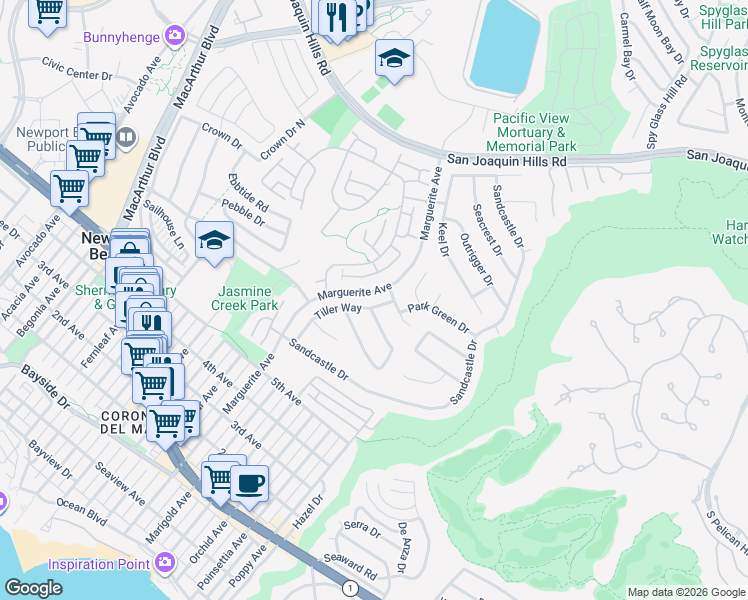 map of restaurants, bars, coffee shops, grocery stores, and more near 1027 Tiller Way in Newport Beach
