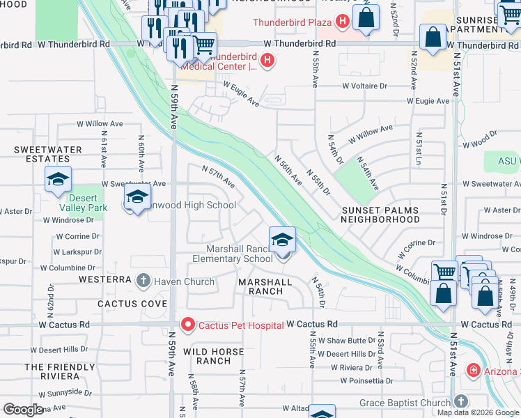 map of restaurants, bars, coffee shops, grocery stores, and more near 12527 North 57th Avenue in Glendale