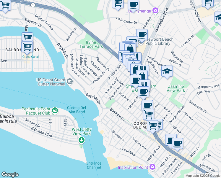 map of restaurants, bars, coffee shops, grocery stores, and more near 432 Acacia Avenue in Newport Beach