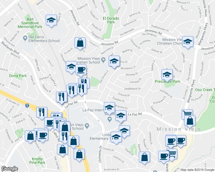 map of restaurants, bars, coffee shops, grocery stores, and more near 26301 Granvia Drive in Mission Viejo