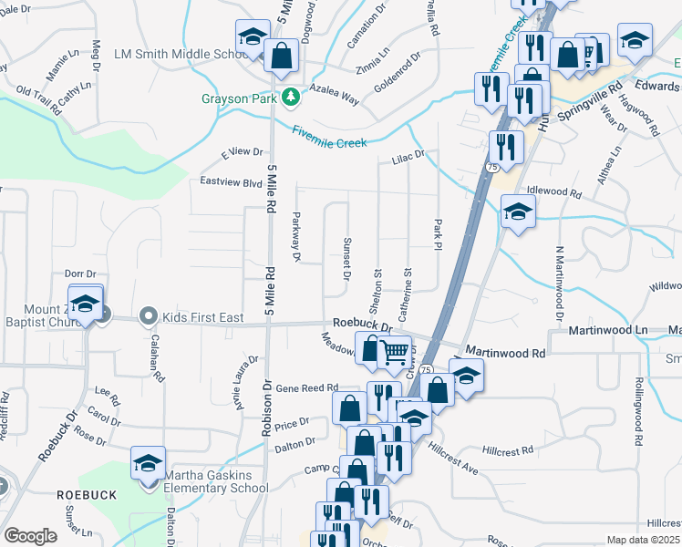 map of restaurants, bars, coffee shops, grocery stores, and more near 840 Sunset Drive in Birmingham