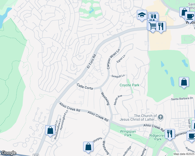 map of restaurants, bars, coffee shops, grocery stores, and more near 133 Nightingale Drive in Aliso Viejo