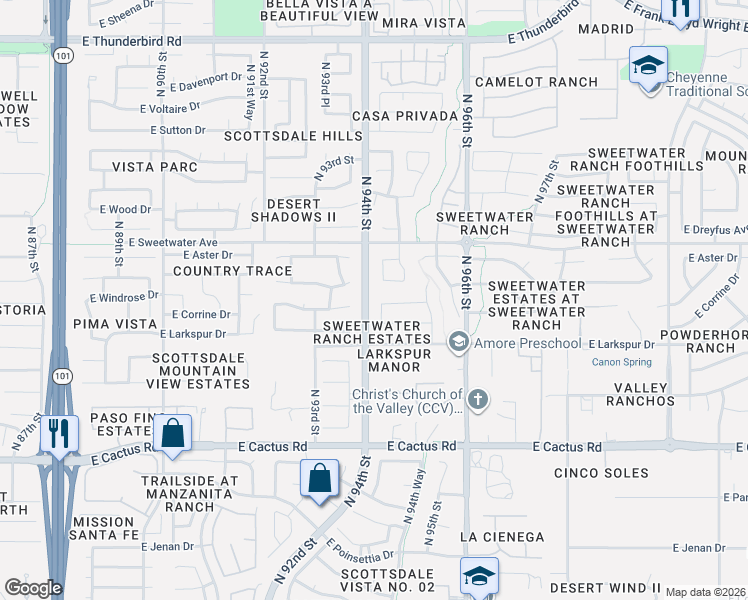 map of restaurants, bars, coffee shops, grocery stores, and more near 9430 East Windrose Drive in Scottsdale