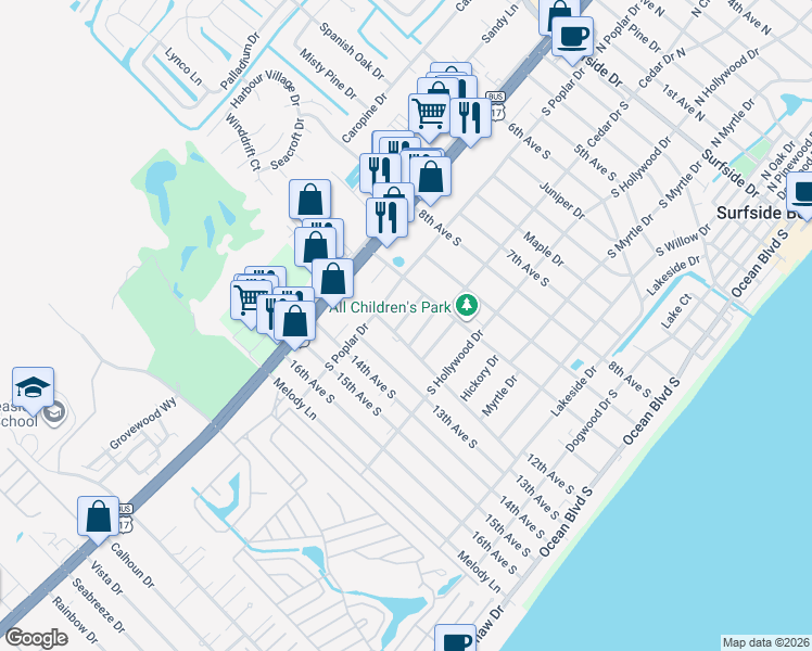 map of restaurants, bars, coffee shops, grocery stores, and more near 1019 Bay Drive in Surfside Beach
