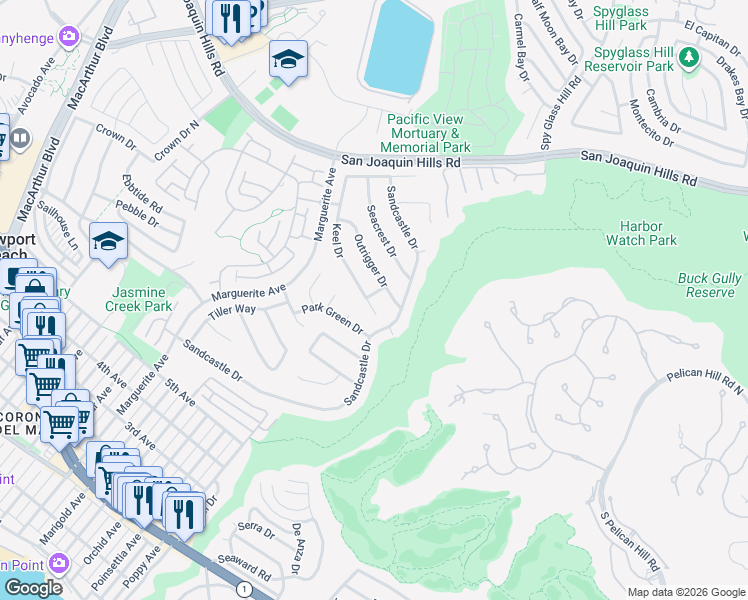 map of restaurants, bars, coffee shops, grocery stores, and more near 1218 Keel Drive in Newport Beach