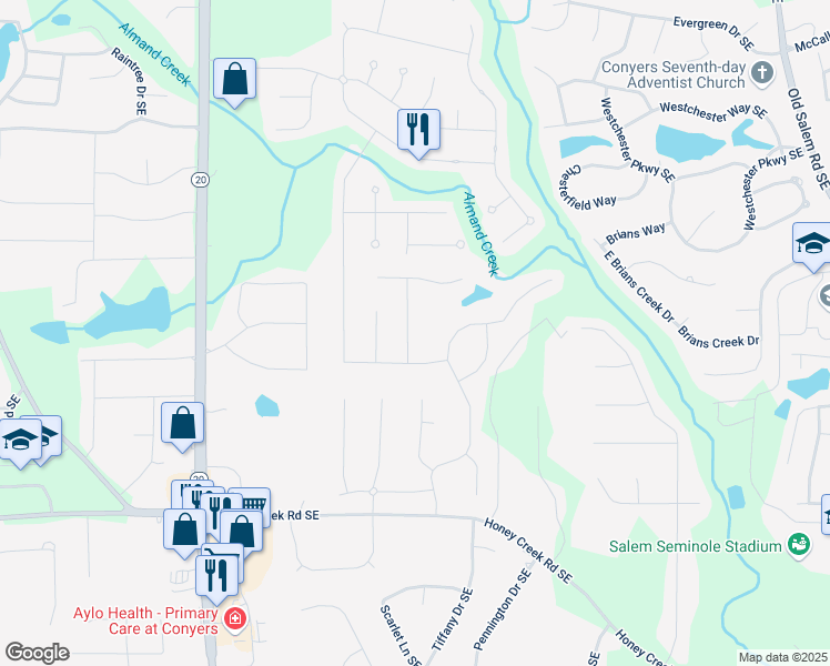 map of restaurants, bars, coffee shops, grocery stores, and more near 2405 Brisbane Drive in Conyers