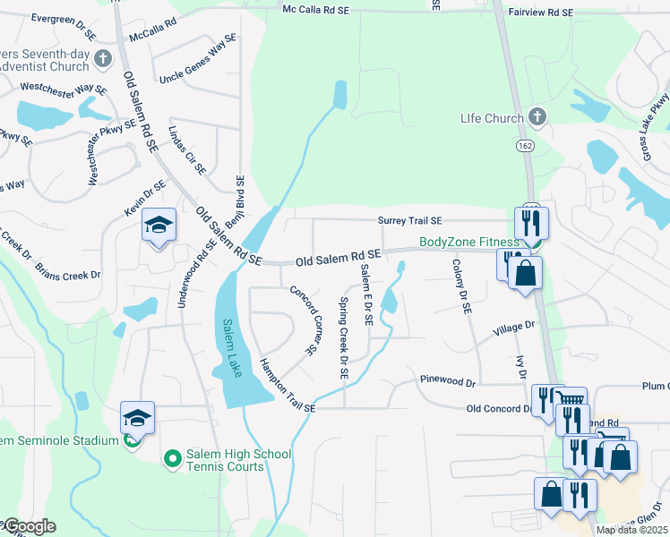 map of restaurants, bars, coffee shops, grocery stores, and more near 3281 Old Salem Road Southeast in Conyers