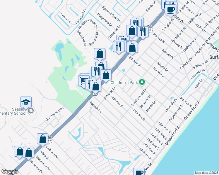 map of restaurants, bars, coffee shops, grocery stores, and more near 18 South Beach Drive in Surfside Beach