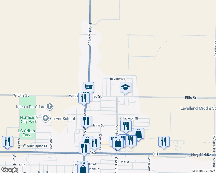 map of restaurants, bars, coffee shops, grocery stores, and more near 819 Denver Ave in Levelland