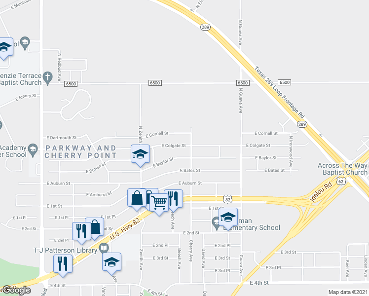 map of restaurants, bars, coffee shops, grocery stores, and more near 2634 East Cornell Street in Lubbock