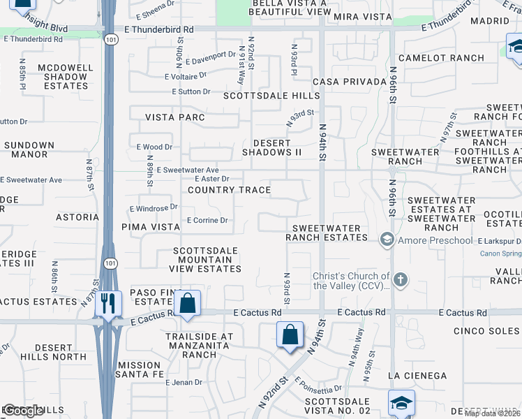 map of restaurants, bars, coffee shops, grocery stores, and more near 12850 North 92nd Place in Scottsdale
