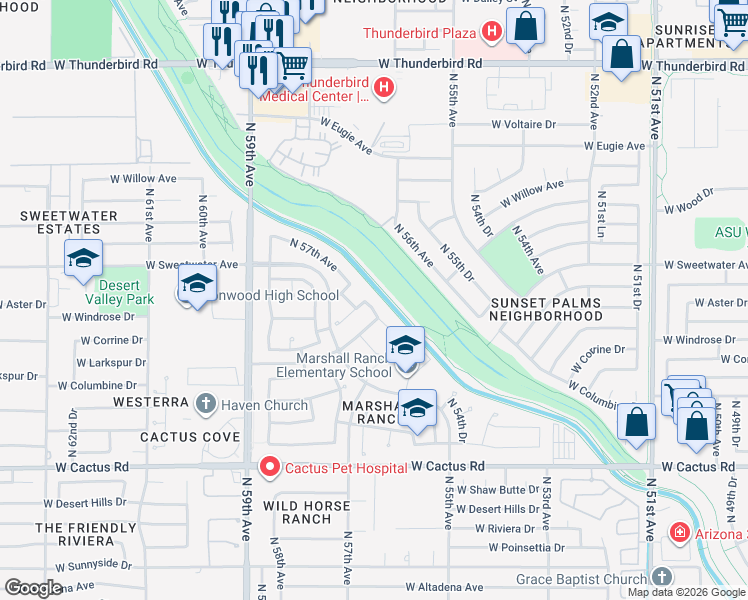 map of restaurants, bars, coffee shops, grocery stores, and more near 12527 North 57th Avenue in Glendale
