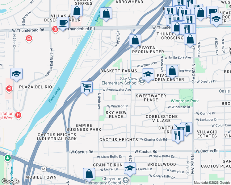 map of restaurants, bars, coffee shops, grocery stores, and more near 8783 West Dreyfus Drive in Peoria