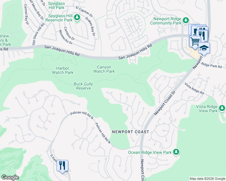 map of restaurants, bars, coffee shops, grocery stores, and more near 5 Via Burrone in Newport Beach